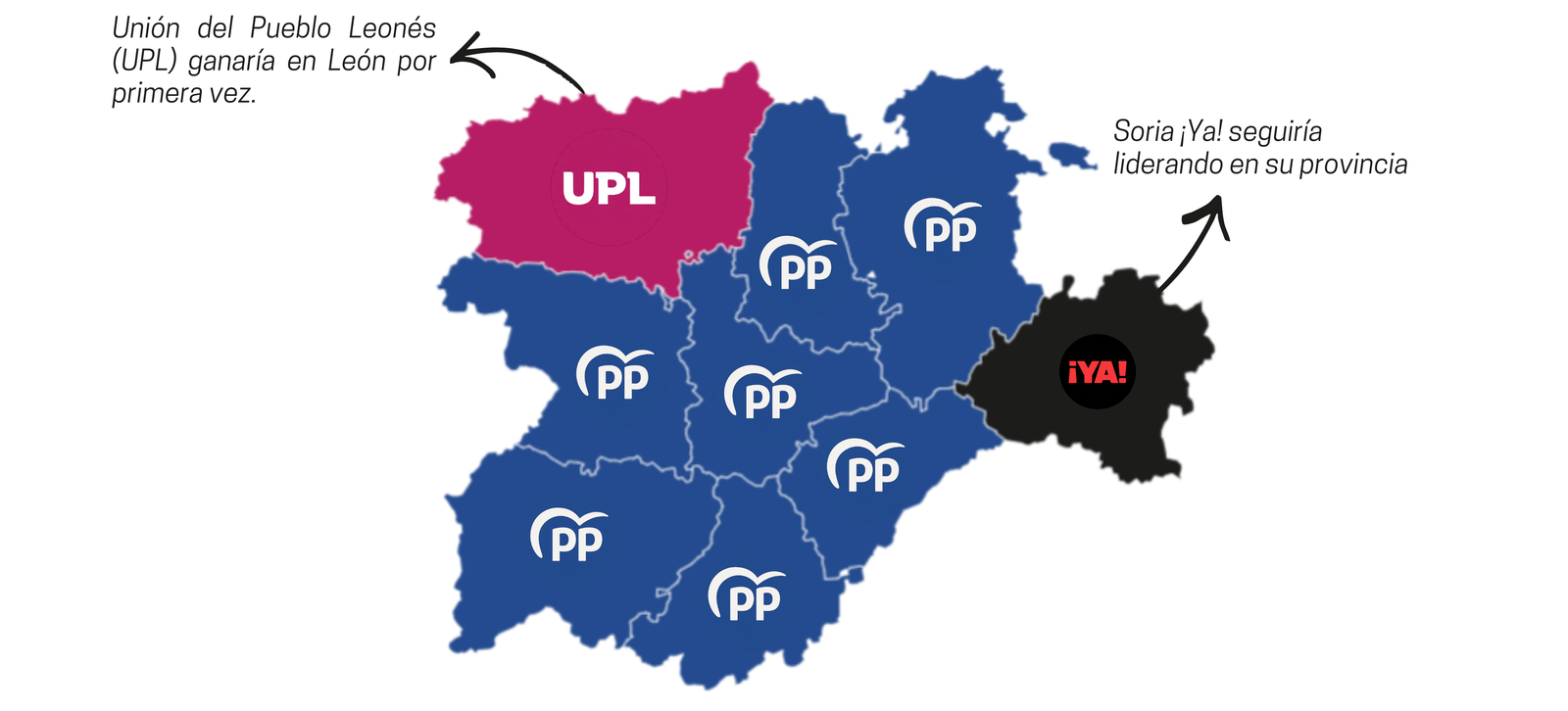 Mapa partido ganador por provincia en Castilla y León Fuente: CIS. Metodología propia